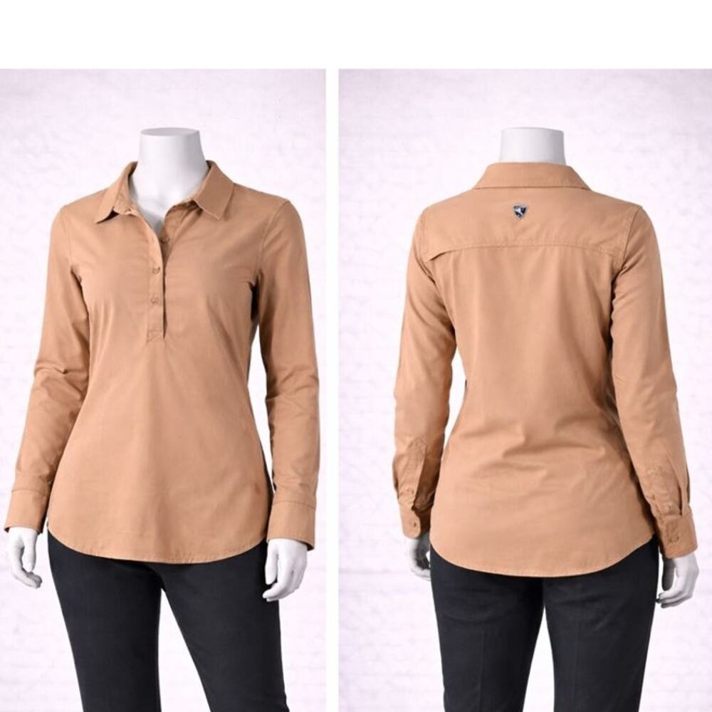 KUHL Women’s Engineered Snap Shirt Small Peach Tan Long Sleeve Outdoor Hiking S